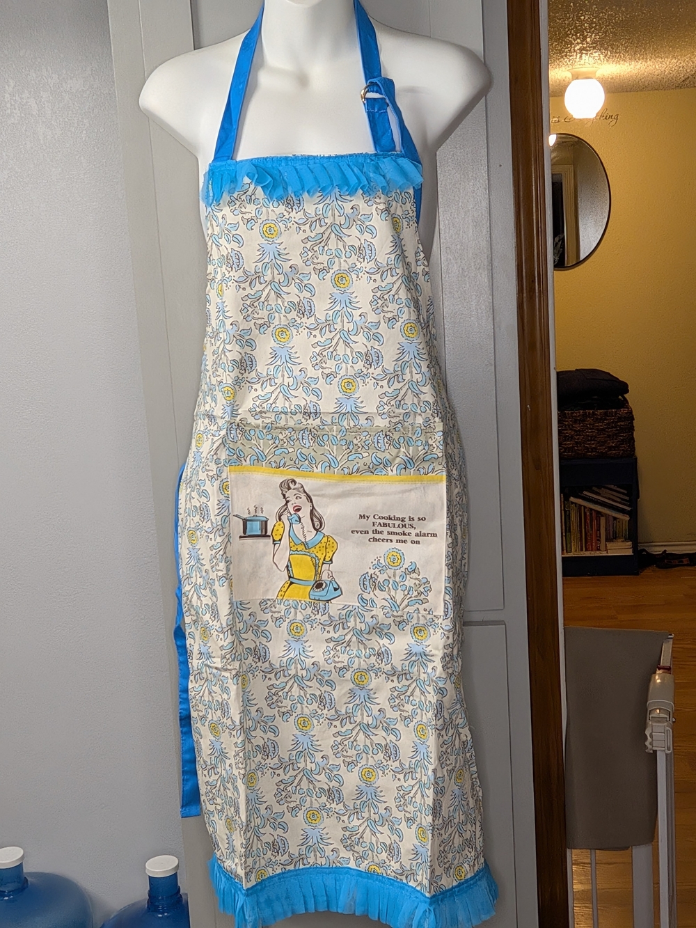 Daisys Boutique Blue and Yellow Floral Kitchen Apron with Front Pocket